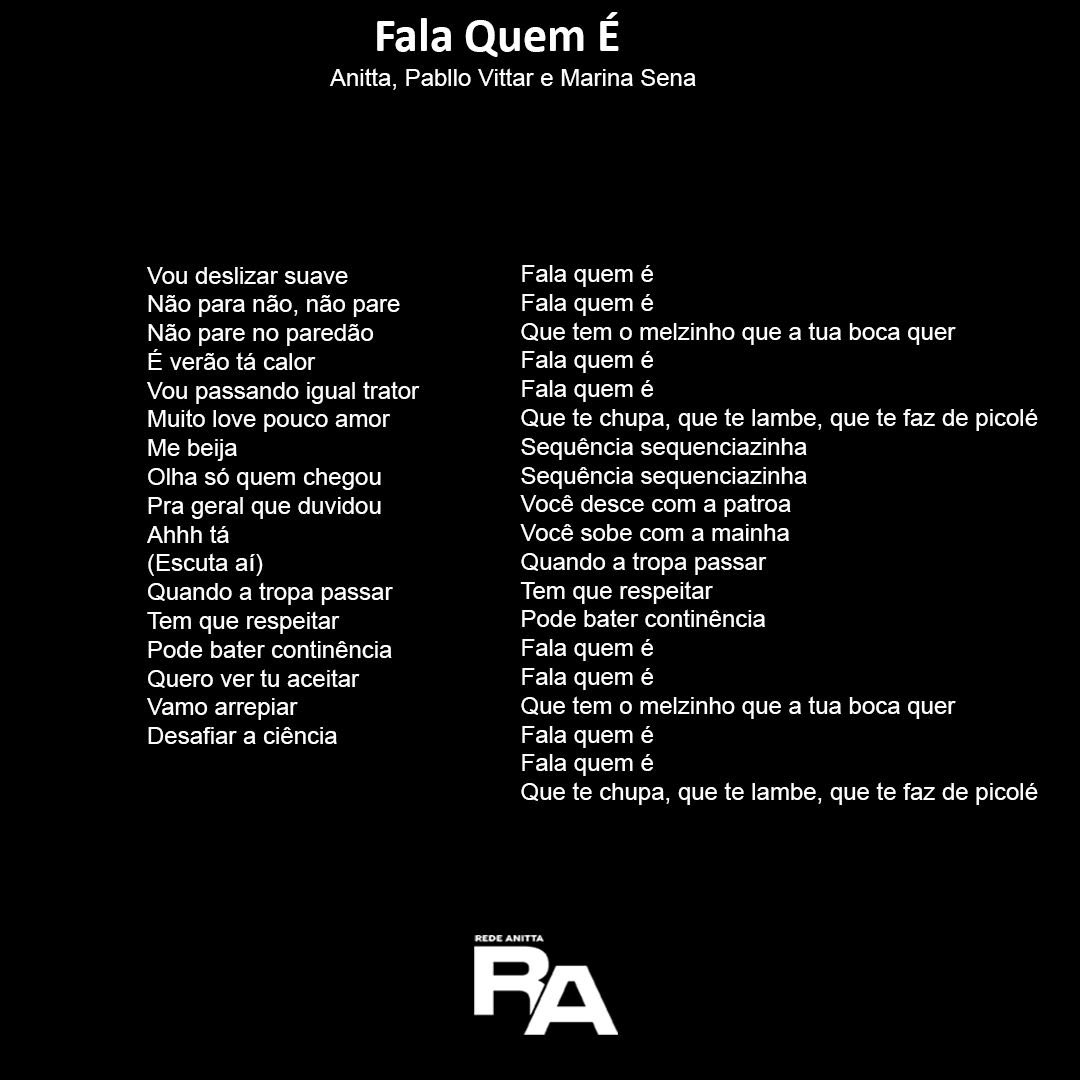 RedeAnittaBRs's tweet image. A CANETADA! Confira a letra de "Fala Quem É" de Anitta, Pabllo Vittar e Marina Sena, que será lançada amanhã no EP "Ensaios da Anitta".