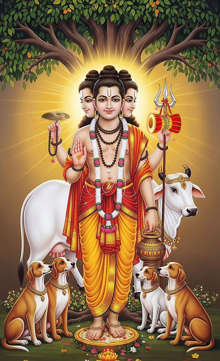 Shubh Sri Dattatreya Jayanti to all. 
Sri Dattatreya is a Divine Avatar, the united form of the Trimurti, the Ultimate Bhakta, and SatGuru. His birth happened through the blessings of the Trimurti (Brahma, Vishnu, Shiva) and 3 Devis (Saraswati, Mahalakshmi, Parvati). Mata Anusuya