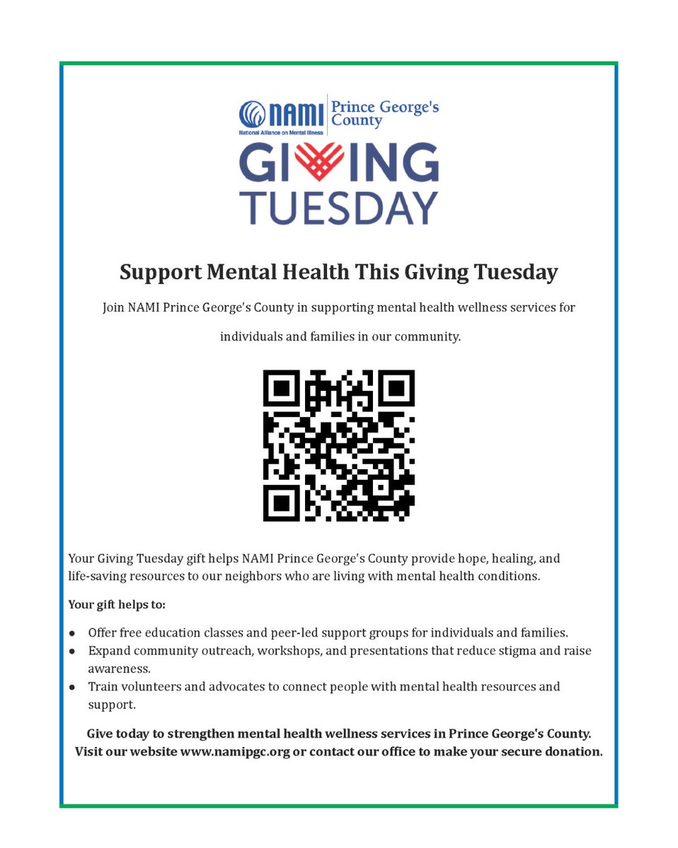 Giving Tuesday is over - but it’s not too late to give. 💙
We’ve extended our campaign through Saturday to support free mental health programs in Prince George’s County.
Give today: scan the QR code or visit namipgc.org.
#NAMIPGC #MentalHealthMatters