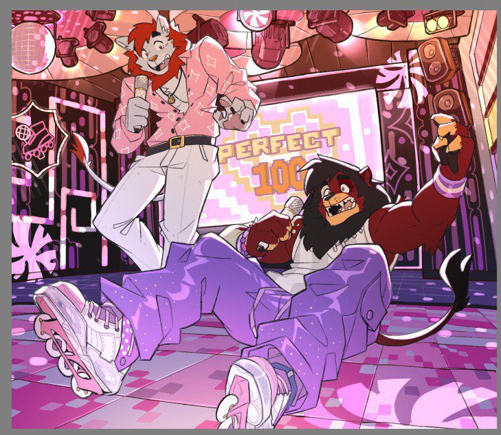 Great memories of <a href="/0mgkitties/">0mgkitties</a> and me doing a rollerblading karaoke event here at a club!

🦁🦁: Brimtooth/0mgkitties
🎨: <a href="/greyy_arts/">𝗚𝗿𝗲𝘆𝘆 (🎃🐺 YCH)</a> 
^Cute overload arts! Def check out!!!