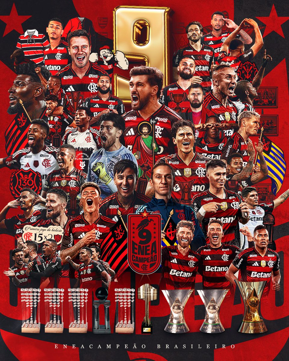 Flamengo's tweet image. COPA LIBERTADORES TENHO QUATRO! 🏆🏆🏆🏆
E O BRASILEIRO? GANHAMOS NOVEEEEEEEEEEEEEEEEE! 🏆🏆🏆🏆🏆🏆🏆🏆🏆

COMEMORAAAAAAAAAAAAAAAAAAAAAAAAA, NAÇÃOOOOOOOOOOOOOOO! O COLOSSAL CLUBE DE REGATAS DO FLAMENGO É O SEU CAMPEÃO BRASILEIRO DE 2025!

#Campeão #MaiorCampeãoDoBrasil