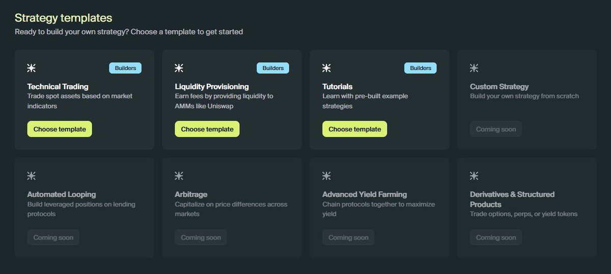 not_a_xero's tweet photo. @Almanak just dropped Strategy Builder V1 for early users and they’re giving everyone enough free credits to build and deploy two real strategies out of the gate.

Right now you can build both TA spot trading strategies and LP strategies, with looping coming next. 

The best part? It’s as simple as you want it to be. The platform gives you ready-made templates, guides you step-by-step, and you can set everything up without writing a single line of code!

Get in early, experiment, break things, push limits, because soon there will be even more agents beyond trading, and even more advance, build pure custom strats! Early users will have a serious edge.

Go try it now! Be Early!
