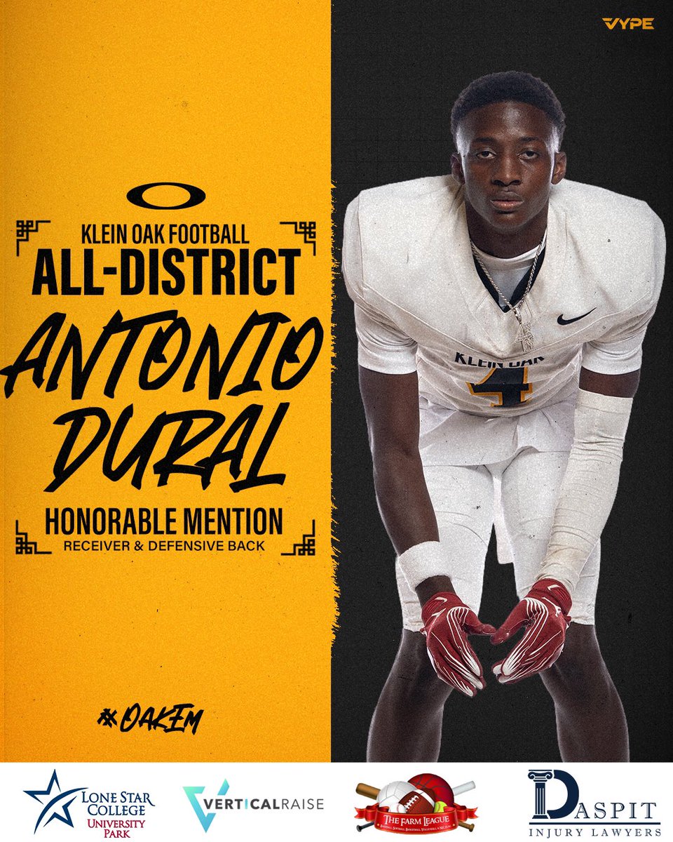 KLEINOAKFB's tweet image. 2 WAY!

Congrats to @AntonioDural4 on receiving Honorable Mention All-District WR &amp;amp; DB honors!

#OakEm #thecOde