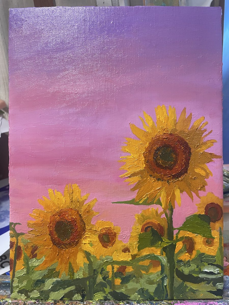 夕日とひまわりの絵。今年描いた絵の中で1番理想的な色彩になりました
