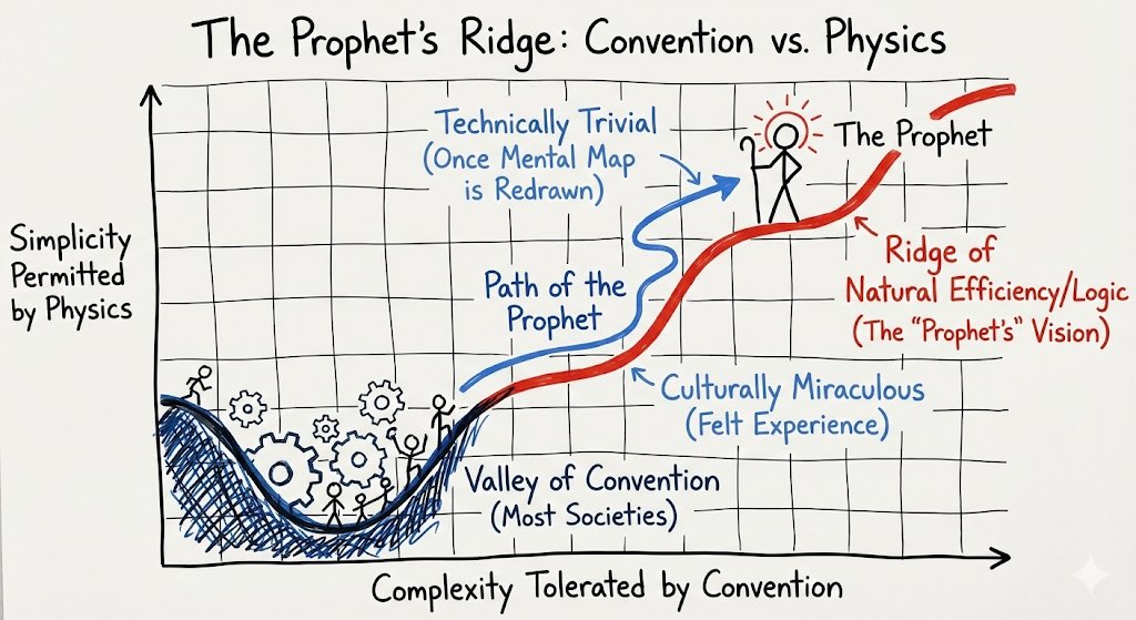 TajOthman_'s tweet image. imagine a grid for “complexity tolerated by convention” vs “simplicity permitted by physics.” 

most societies would be ones to operate deep in a valley where convention dominates

a prophet points the ridge where the system’s behavior aligns with the nature of things