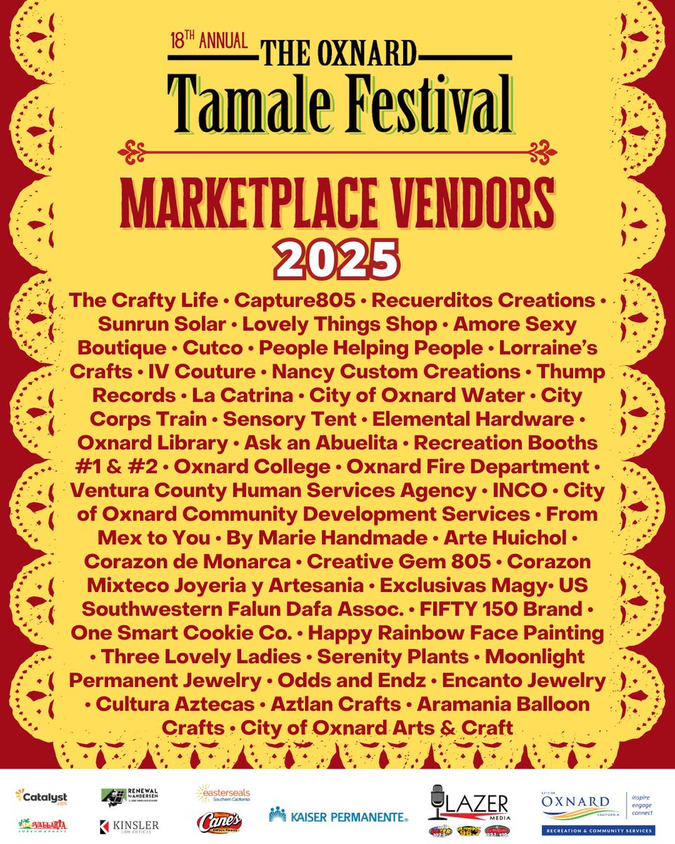 OxnardRecEvents's tweet image. After the parade, head to Plaza Park for the 18th Annual Oxnard Tamale Festival and enjoy FREE family fun.
📅 Saturday, December 6, 2025
 ⏰ 9 AM–6 PM
 🎟️ FREE Admission for all ages!