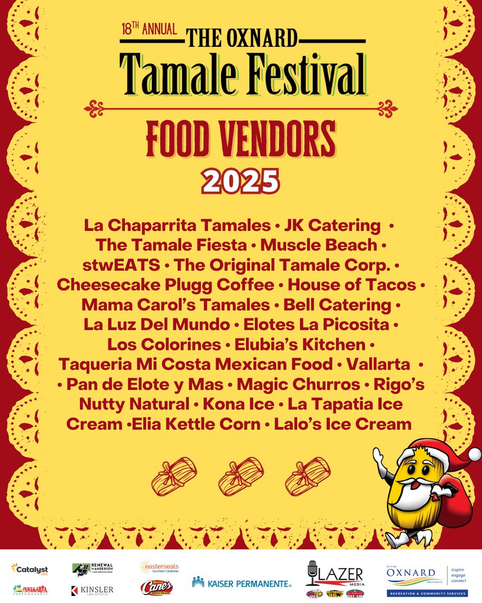 OxnardRecEvents's tweet image. After the parade, head to Plaza Park for the 18th Annual Oxnard Tamale Festival and enjoy FREE family fun.
📅 Saturday, December 6, 2025
 ⏰ 9 AM–6 PM
 🎟️ FREE Admission for all ages!