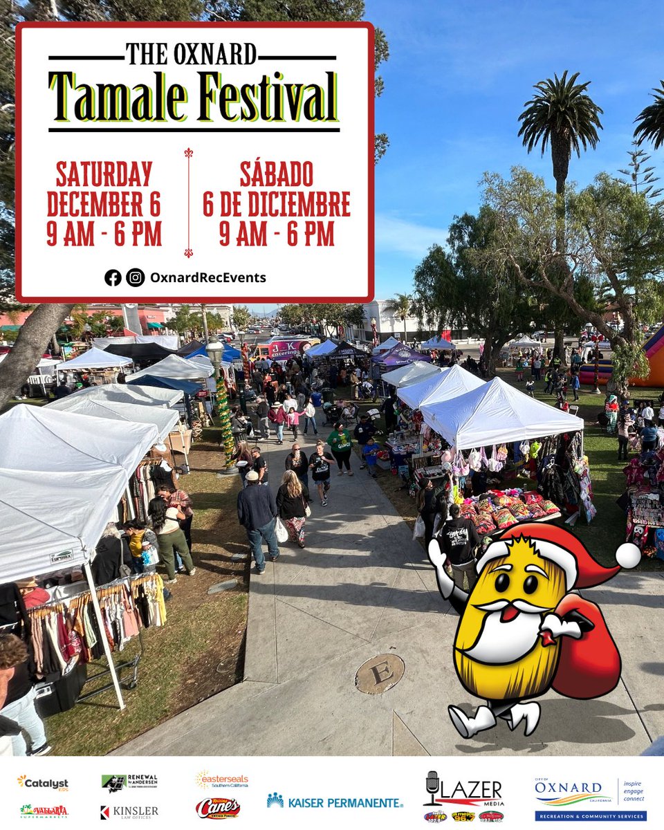 OxnardRecEvents's tweet image. After the parade, head to Plaza Park for the 18th Annual Oxnard Tamale Festival and enjoy FREE family fun.
📅 Saturday, December 6, 2025
 ⏰ 9 AM–6 PM
 🎟️ FREE Admission for all ages!