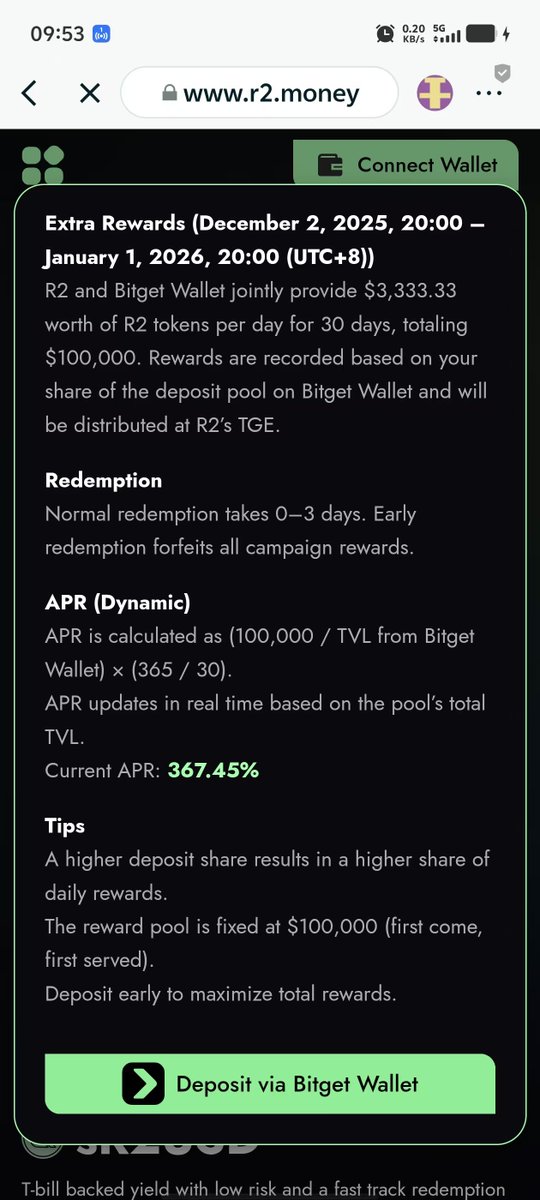 【RWA重点项目R2】
<a href="/BitgetWallet/">Bitget Wallet 🩵</a> 推出的链上 RWA，质押 USDC 到 sR2USD Vault，可获得基础收益 + 活动期的最高28% APR Boost。预存以后 <a href="/r2yield/">R2 Protocol</a> 里面显示的实时年华是367.45%,"first come,first served"吗？

如果是,对于我们直接冲进去的人太友好了,大大的奖赏！
<a href="/kajiweb3/">kajiQ</a> <a href="/xiejiayinBitget/">谢家印</a>