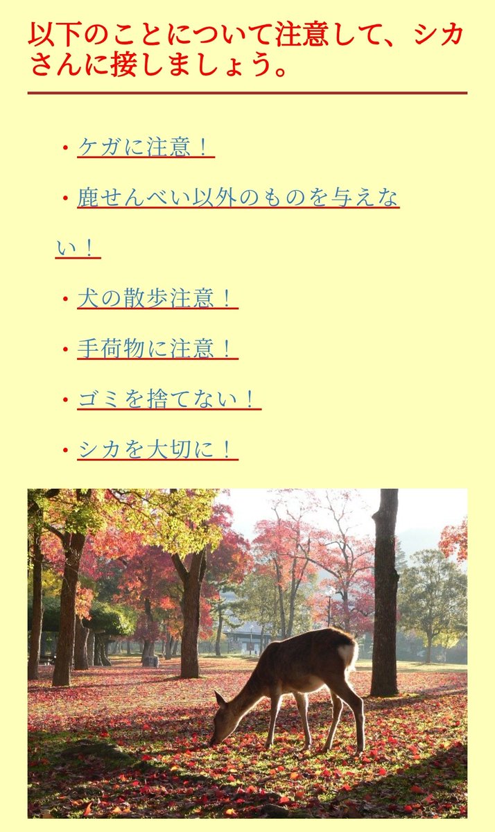 noramaroshika's tweet photo. 【拡散希望】

奈良県や愛護会はずっと
「奈良公園の鹿は野生動物だから注意して」
と公式に呼びかけています。

なのに、そんな注意は無視して
「奈良公園の鹿はおとなしくて優しくて触れ合える、こんな優しいのにね」
なんて勝手なデマを広めるから
その誤情報を鵜呑みにした観光客は
「大人しいんだし大丈夫でしょ」
と安易に近寄ってしまう。

でも相手は野生動物。
頭突き、蹴る、噛む、持ってるものを奪ってきたりすることも普通にある。
そりゃ驚いて手や足が反射的に出てしまうのは仕方なくて(これは暴力ではなく防御です)
その一瞬だけ切り取って「叩いた！」と騒がれるわけです。

しかも、安全で触れ合えると宣伝しておいて、いざトラブルになったら
「鹿さんは優しいから何もしてこない。人間が悪い」
って言われるんですよね。

本気で叩く人を減らしたいなら、
まず鹿を“愛玩動物扱い”する誤解を招く配信をやめて、野生動物としての正しい情報を伝えるところから始めるべきちゃう？

#へずまりゅう
#へずまりゅう嫁
#誤情報
#デマ