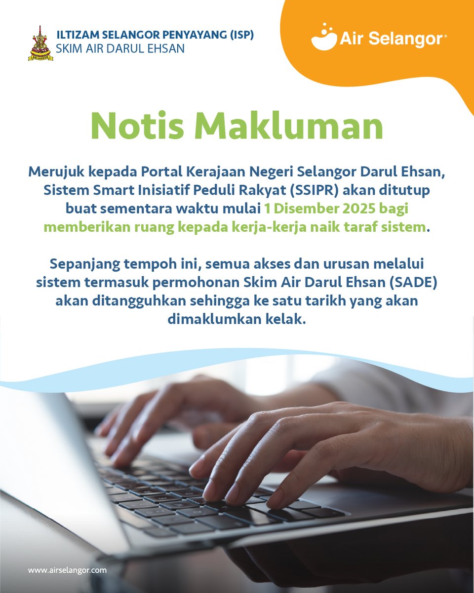 Merujuk kepada Portal Kerajaan Negeri Selangor Darul Ehsan, Sistem Smart Inisiatif Peduli Rakyat (SSIPR) akan ditutup buat sementara waktu mulai 1 Disember 2025 bagi memberikan ruang kepada kerja-kerja naik taraf sistem.

Sepanjang tempoh ini, semua akses dan urusan melalui