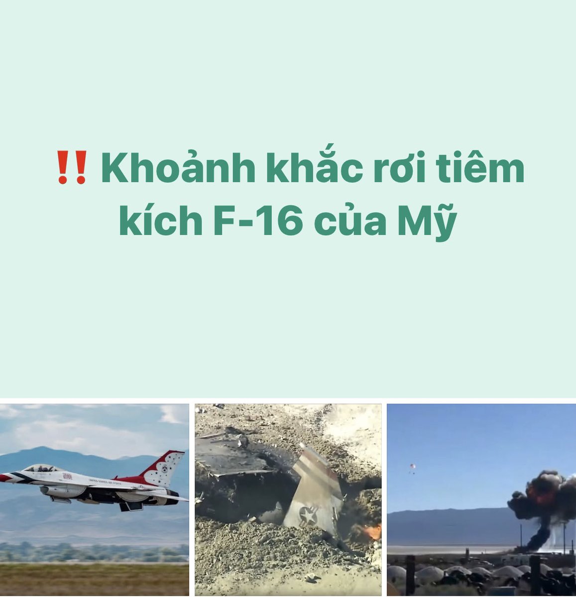thanhura389's tweet image. Quân đội Mỹ thông báo một máy bay chiến đấu F-16 thuộc phi đội trình diễn Thunderbirds tinh nhuệ của Không quân Mỹ đã bị rơi tại Nam California vào ngày 3/12. Phi công đã kịp nhảy dù an toàn ko co thiệt hại về người. Chỉ thiệt thuế của dân