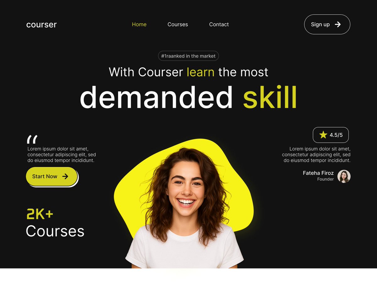 Jakariabhai's tweet image. Courser – Learn the Most Demanded Skills 🎓✨

Designed a clean and bold learning platform landing page.

High-contrast dark theme, yellow accents, hero spotlight, and powerful typography.
Ideal for online courses &amp;amp; skill-based education.

#UIDesign #EdTech #WebDesign…