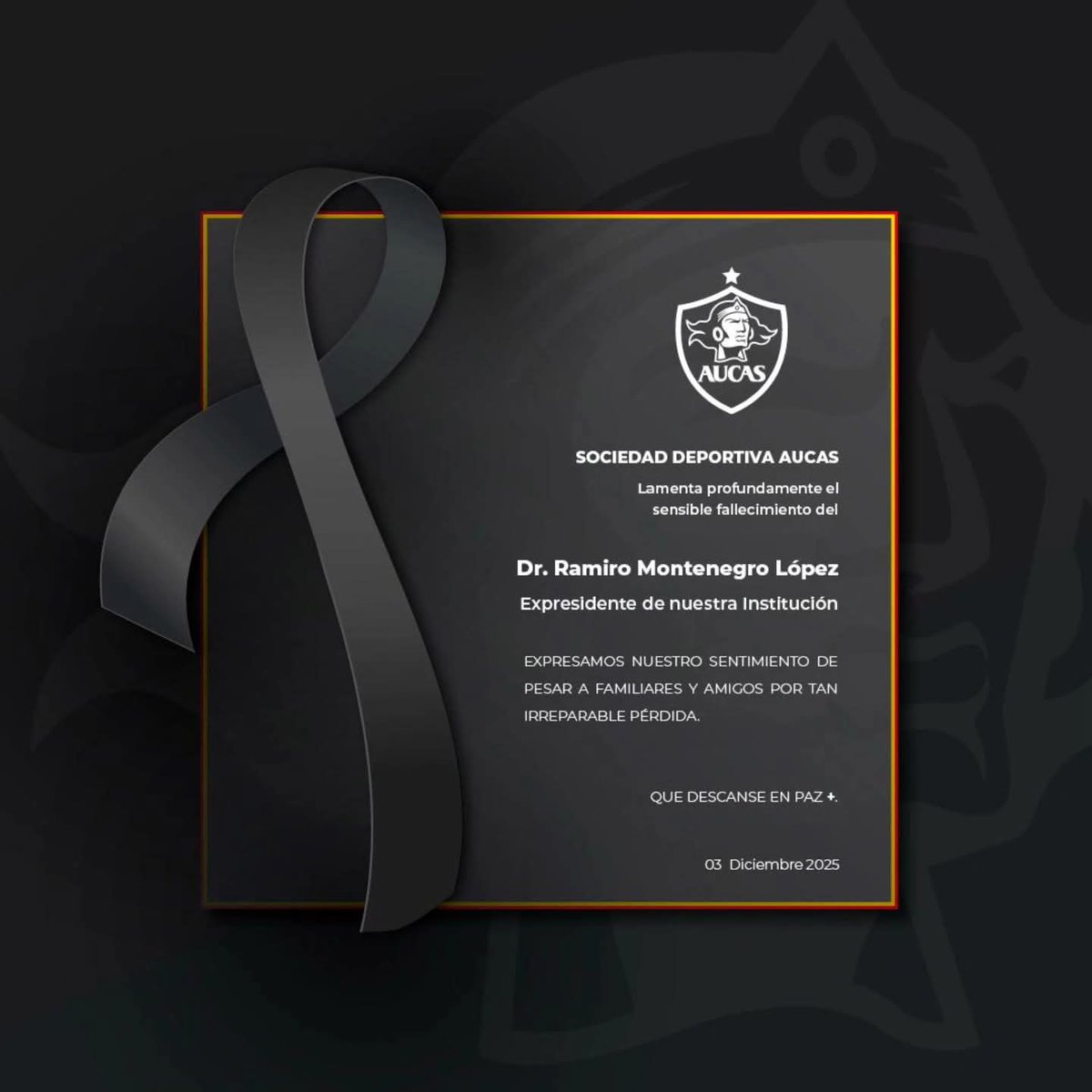 Nos hacemos eco de esta lamentable noticia. Hoy ha dejado de existir el Dr. Ramiro Montenegro ex presidente de <a href="/Aucas45/">S. D. Aucas Oficial</a> Nuestro sentido pésame a sus familiares. QEPD