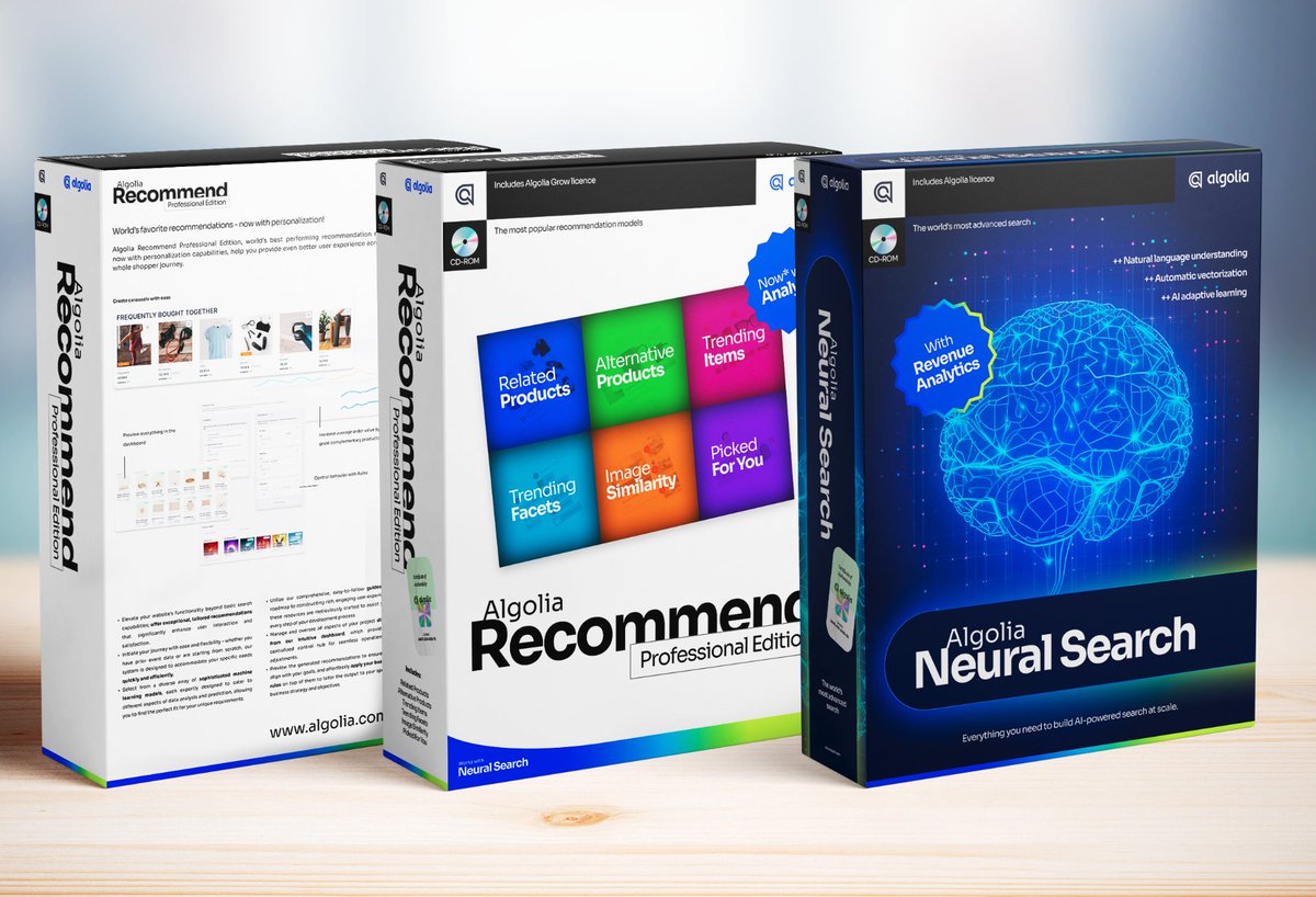 algolia's tweet image. Feeling the 90s vibes? Algolia Senior Product Designer Lucia Kubinska dreamed up what our product packaging might’ve looked like back in 1997. 😂

Who’s grabbing a box at @CircuitCity or @CompUSA this holiday season?