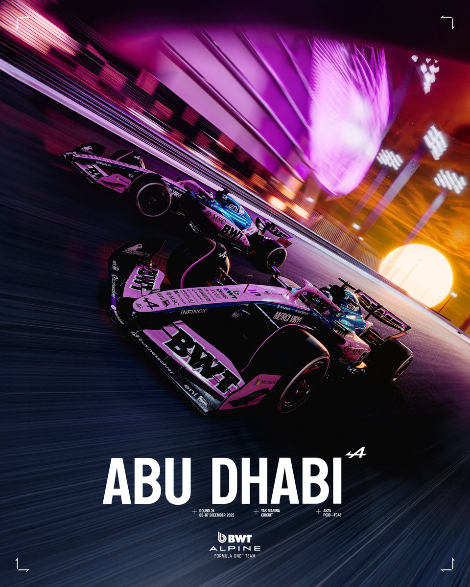 apecoin's tweet image. It’s lights out and away we go.

Collect the Official BWT @AlpineF1Team 2025 Abu Dhabi Race Poster, and prepare for the final race of this season: alpine.apechaincollection.com