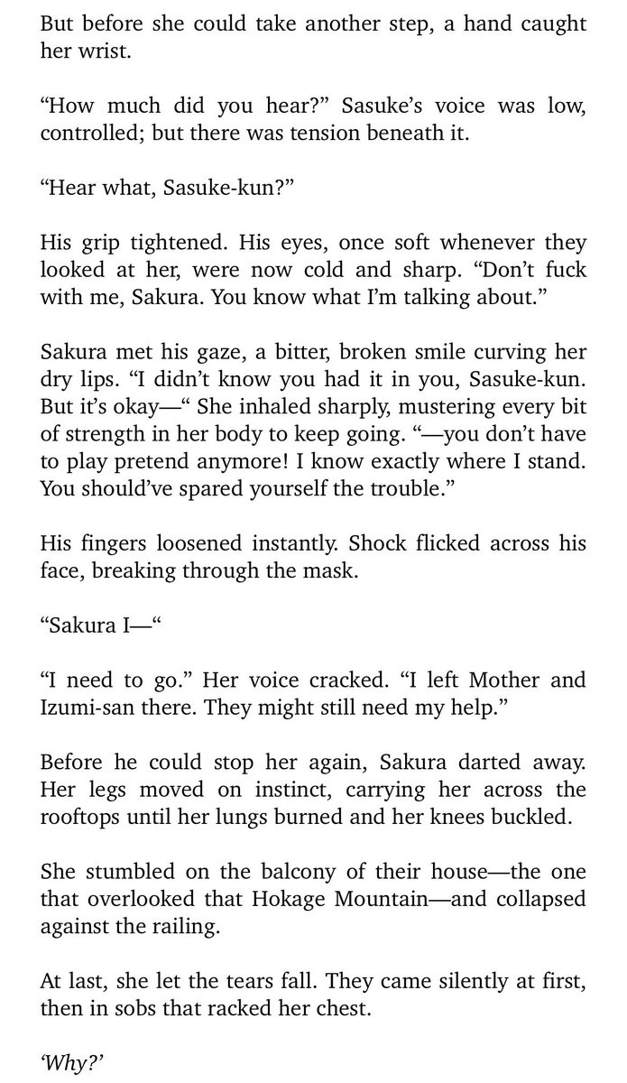 #sssnippetaday 

Sharing with you guys the first draft of The Winds of Fate Chapter Four 🫣

I hated Sasuke here so I scrapped this and rewrote everything 😤😭

1