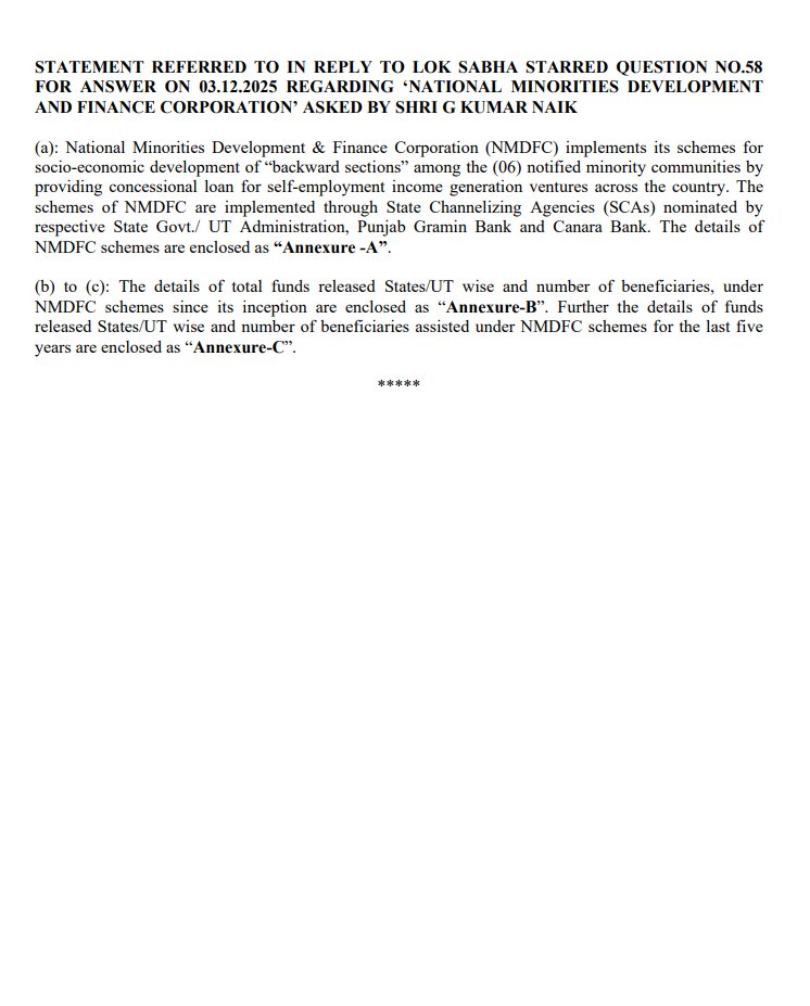 IamGKumarNaik's tweet photo. Yesterday, I have raised a serious concern in Parliament over the extremely shockingly low utilization of the National Minorities Development and Finance Corporation (NMDFC) credit schemes in Karnataka, despite having one of India’s largest minority populations — nearly 96 lakh people.

In the last 30 years, Karnataka has received only ₹3.73 crore in micro-credit and ₹134 crore in term loans, benefiting just 30,000 people, while states like Kerala and West Bengal have reached lakhs.

I urge the Government to increase funding, strengthen outreach, and ensure that schemes actually reach the communities they are meant to uplift. Karnataka’s minorities deserve fair access and real opportunities for economic empowerment.

ಭಾರತದ ಅತ್ಯಂತ ಹೆಚ್ಚಿನ ಅಲ್ಪಸಂಖ್ಯಾತ ಜನಸಂಖ್ಯೆ (ಸುಮಾರು 96 ಲಕ್ಷ) ಹೊಂದಿರುವ ರಾಜ್ಯವಾಗಿದ್ದರೂ, ಕರ್ನಾಟಕದಲ್ಲಿ ರಾಷ್ಟ್ರೀಯ ಅಲ್ಪಸಂಖ್ಯಾತರ ಅಭಿವೃದ್ಧಿ ಮತ್ತು ಹಣಕಾಸು ನಿಗಮ (NMDFC) ನೀಡುವ ಸಾಲ   ಕಡಿಮೆಯಾಗಿರುವ ಕುರಿತಾಗಿ ನಾನು ಸಂಸತ್ತಿನಲ್ಲಿ ಕಳವಳ ವ್ಯಕ್ತಪಡಿಸಿದೆ.

ಕಳೆದ 30 ವರ್ಷಗಳಲ್ಲಿ, ಕರ್ನಾಟಕಕ್ಕೆ ಕೇವಲ ₹3.73 ಕೋಟಿ ಮೈಕ್ರೋ–ಕ್ರೆಡಿಟ್ ಮತ್ತು ₹134 ಕೋಟಿ ಟರ್ಮ್ ಲೋನ್ಸ್ ಮಾತ್ರ ಲಭ್ಯವಾಗಿದ್ದು, ಇದರ ಪ್ರಯೋಜನ ಕೆವಲ 30,000 ಮಂದಿಗೆ ಮಾತ್ರ ತಲುಪಿದೆ. ಆದರೆ ಕೇರಳ ಮತ್ತು ಪಶ್ಚಿಮ ಬಂಗಾಳದಂತಹ ರಾಜ್ಯಗಳು ಈ ಯೋಜನೆಗಳ ಮೂಲಕ ಲಕ್ಷಾಂತರ ಜನರನ್ನು ತಲುಪಿ ನೆರವಾಗಿದೆ.

ಅಲ್ಪಸಂಖ್ಯಾತ ಸಮುದಾಯಗಳ ನಿಜವಾದ ಪ್ರಗತಿಗಾಗಿ, ನಿಧಿ ಹೆಚ್ಚಿಸಬೇಕು, ವ್ಯಾಪಕ ಜಾಗೃತಿ ಮೂಡಿಸಬೇಕು, ಹಾಗೂ  ಸಮುದಾಯಗಳಿಗೆ ನೇರವಾಗಿ ತಲುಪುವಂತೆ ನೋಡಿಕೊಳ್ಳಬೇಕು ಎಂದು ನಾನು ಸರ್ಕಾರವನ್ನು ವಿನಂತಿಸುತ್ತೇನೆ.

ಕರ್ನಾಟಕದ ಅಲ್ಪಸಂಖ್ಯಾತರಿಗೆ ನ್ಯಾಯಸಮ್ಮತ ಅವಕಾಶಗಳು ಮತ್ತು ಆರ್ಥಿಕ ಸಬಲೀಕರಣಕ್ಕೆ ಬೇಕಾದ ನೆರವು ಸಿಗಲೇಬೇಕು.
#Minorities #Karnataka #creditschemes #Development #SmallBusiness
