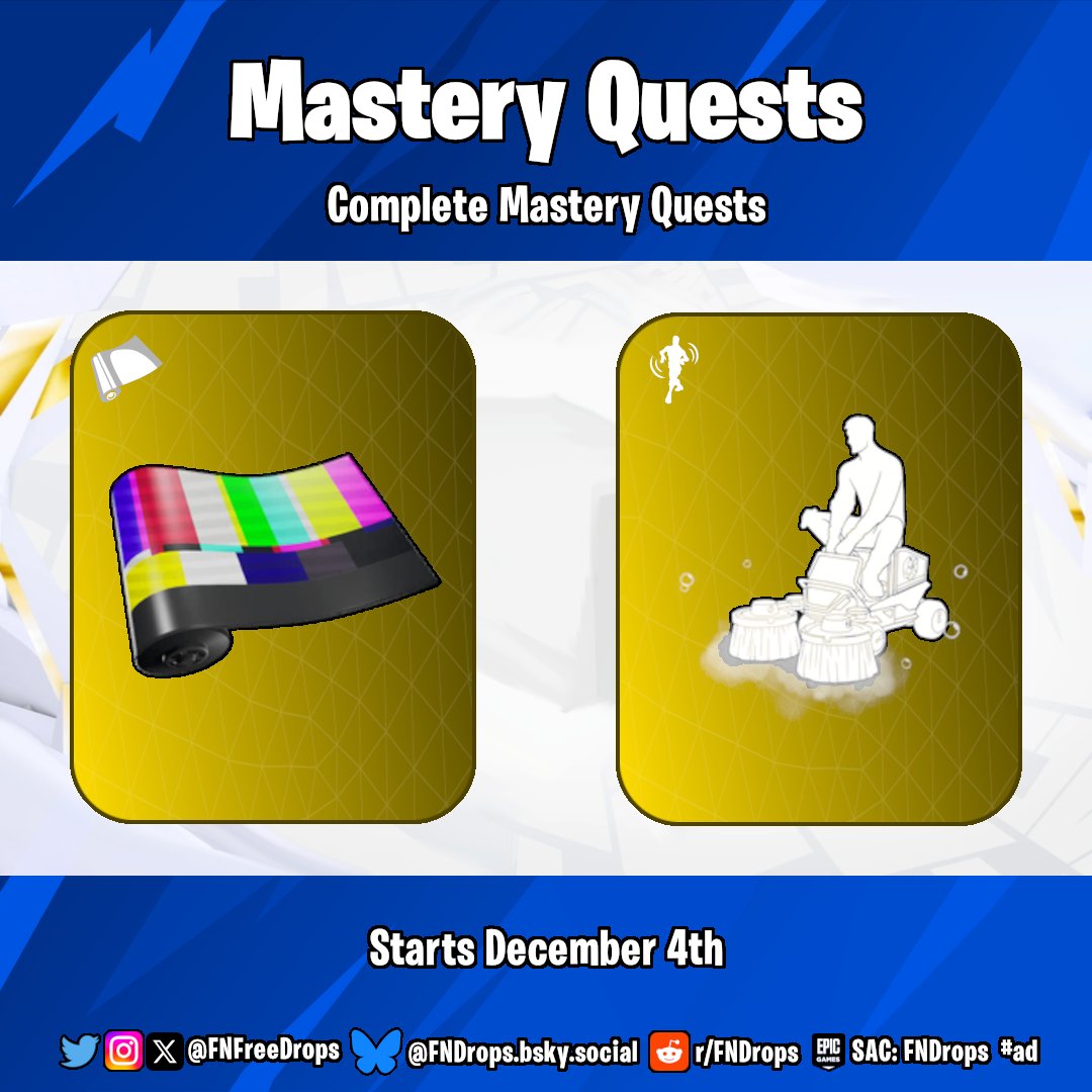 Complete Mastery Quests

🏆Rewards
• Color Bars Wrap
• Lil' Street Sweeper Emote

⌛️Starts December 4th

#Fortnite