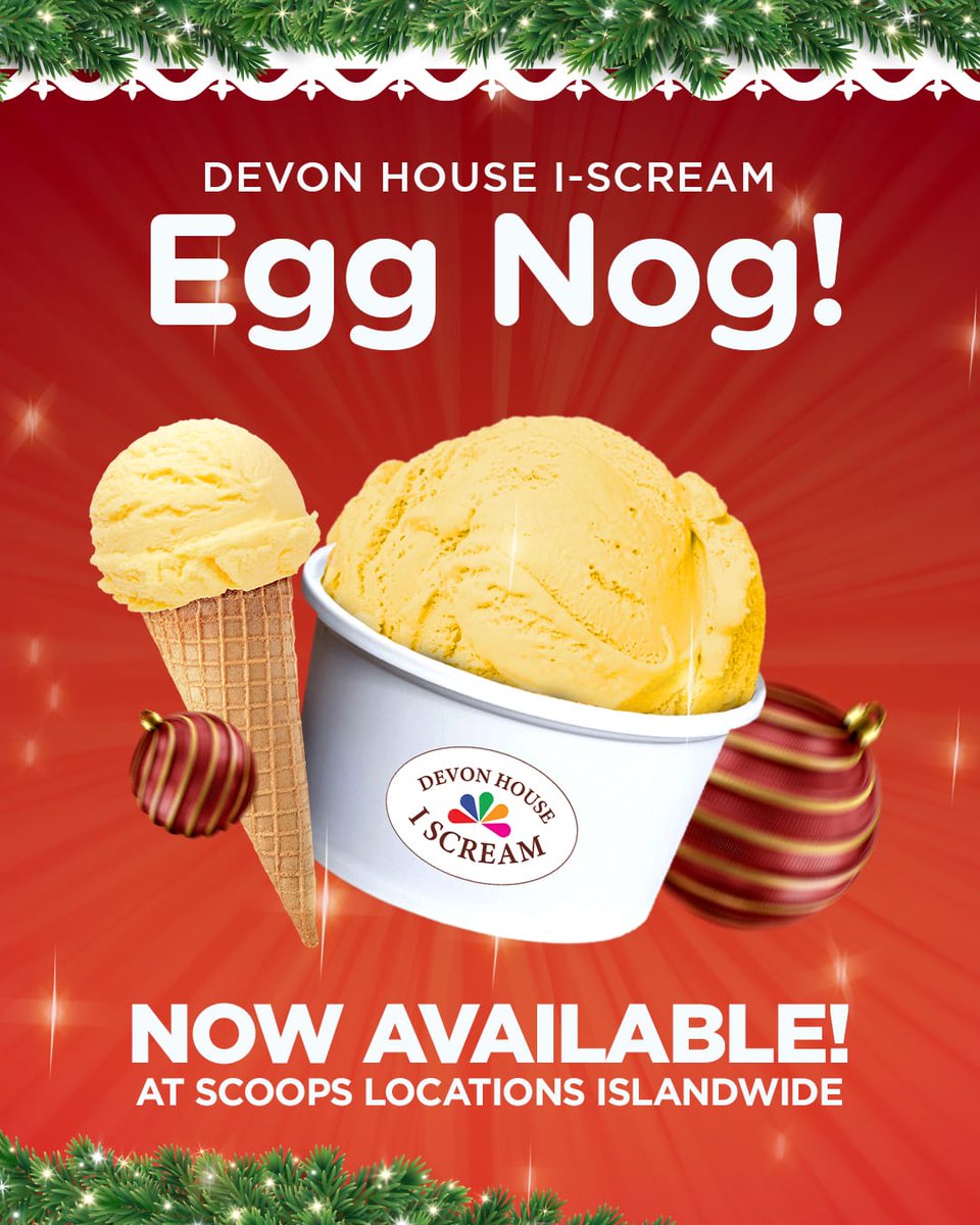 scoopsja's tweet photo. Tis the season for dreamy, spiced goodness! 🎄🍦 Our Eggnog ice cream is back just in time to make your  holidays festive.  Sip the season on this holiday classic at our official locations while stocks last!
#ScoopsofJamaica
#DevonHouseIScream
#AuthenticJamaicanIceCream https://t.co/iBBFT4PhZP