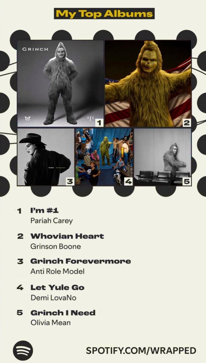 justcatchmedemi's tweet image. The Grinch shares its Spotify Wrapped, referencing ‘Let You Go’ by Demi Lovato.