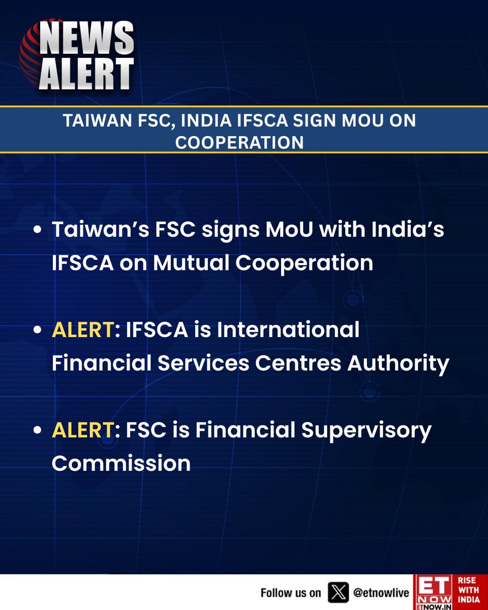 ETNOWlive's tweet image. #NewsAlert | Taiwan’s FSC and India’s IFSCA sign MoU to strengthen mutual financial cooperation

#FSC #IFSCA #Taiwan #India #Finance #MoU