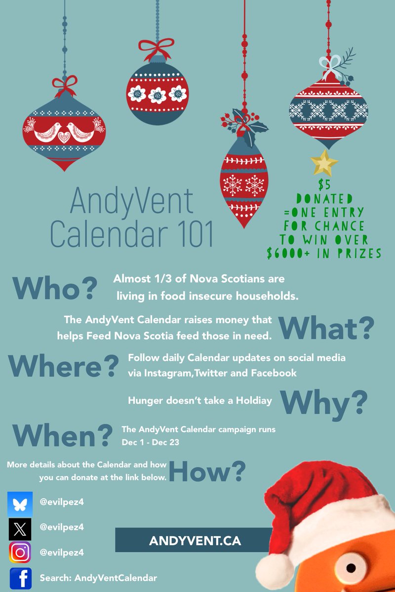 evilpez4's tweet image. Prize Donation Drive Ongoing! 🎅🏻
If you know of / own a local business interested in contributing a prize to the AndyVent Calendar, please let me know by sliding into my DM’s or email TheAndyVentCalendar(at)gmail(dot)com
Here’s to another FUNdraising December
Thank-you!
 ~Andy