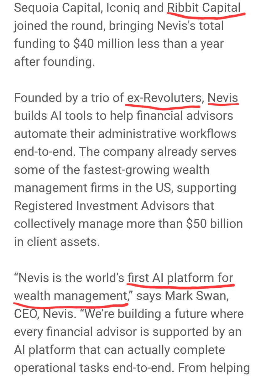 Neolawyer1's tweet image. Ribbit Rebels ACP example:

Nevis emerged from stealth, funding led by Ribbit Capital. Ceo is ex Revolut @MarkSwan_. AI Platform for the Wealth Management.

(ceo is following the @ribbita2012)