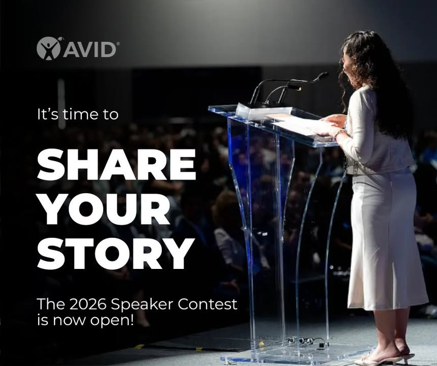 AVID4College's tweet image. The AVID community is full of powerful, real stories—and we can’t wait to hear yours. Speaker Contest entries close Jan 2, submit your story today: bit.ly/48HU60D

#AVID #AVIDSpeakerContest #EducationInspires #AVIDCommunity