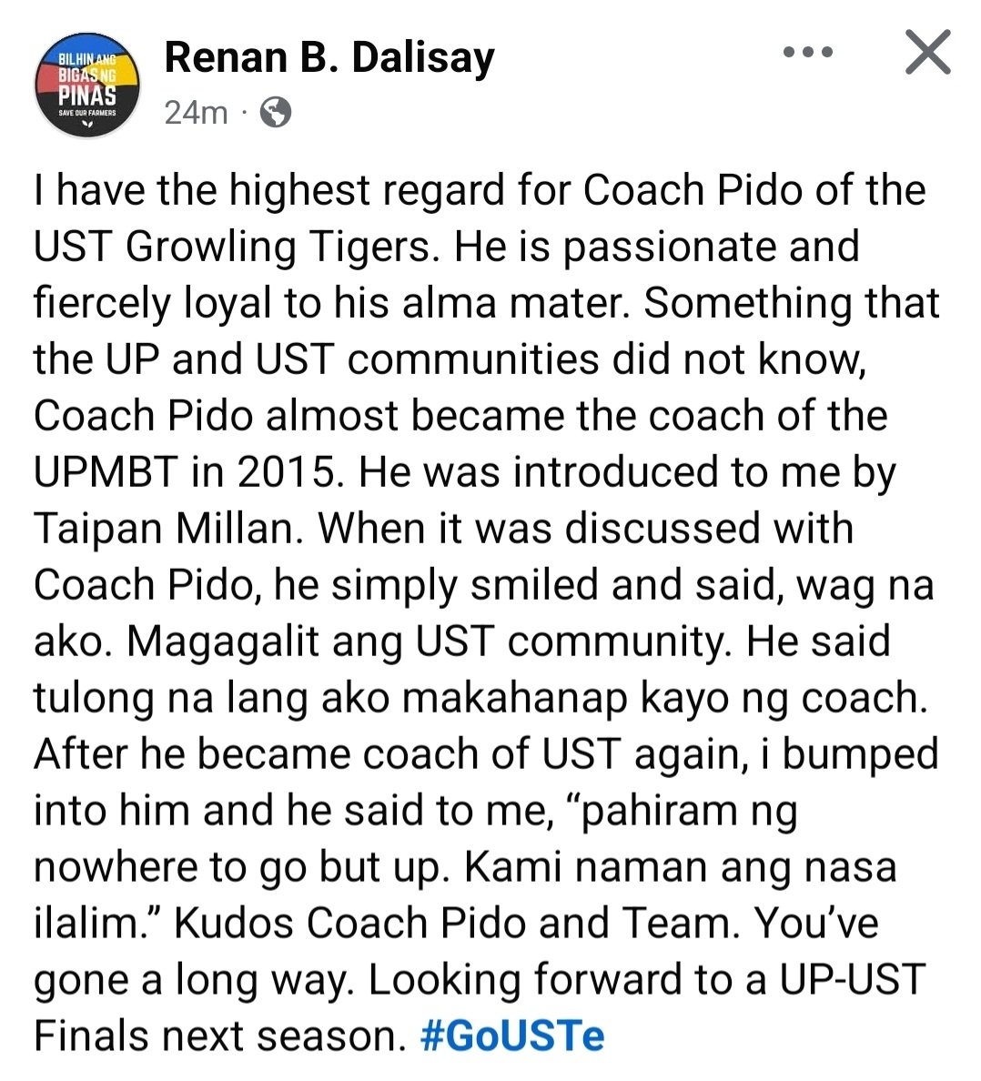 attyjong's tweet photo. The UP - UST love right here. Mutual respect. From the founder of #nowheretogobutUP himself. ✊🏼🐯#UPFight #GoUSTe @ntgbUP https://t.co/RaEepgkWkC