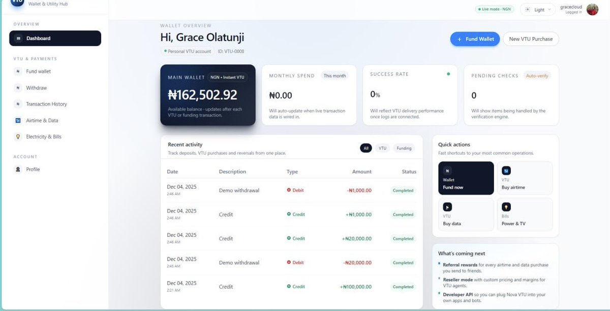 Drewfx01's tweet image. Day 20 of building with Django. 
Building a fullstack VTU App. 

Today I add the transaction history page, with filters and proper formatting based on types and purpose.