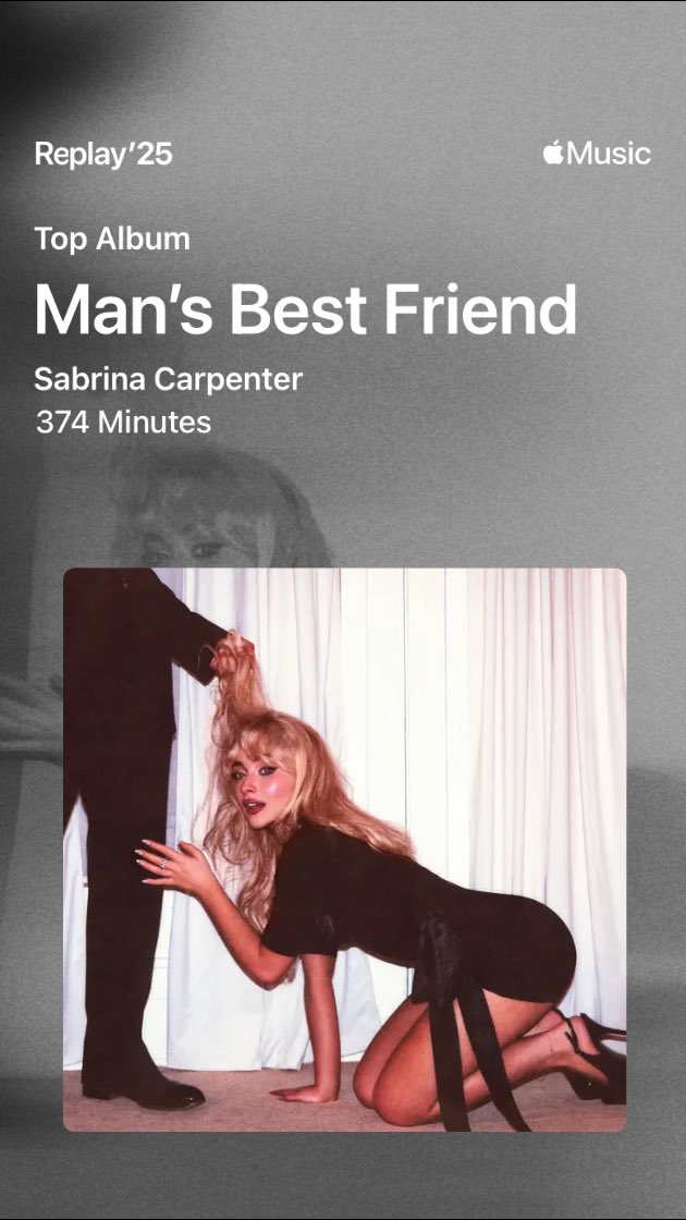 Yeah, that tracks! (this isn’t including my time listening to Sabrina on YouTube music this year either) 🤭 <a href="/TeamSabrina/">Team Sabrina 🐾</a> <a href="/SabrinaAnnLynn/">Sabrina Carpenter</a> #Replay25 #AppleMusic