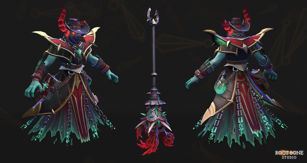 Root_Bone's tweet image. Final in-engine, wireframe and ingame views of Gaoler of Restless Souls — our new Grimstroke set for Dota 2.

3D modeling, sculpting, and texturing by our team at @Root_Bone 
Concept by @NightcNora 

See the full project and additional views on our ArtStation.  

#GameArt #3DArt…