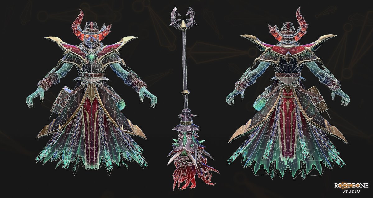 Root_Bone's tweet image. Final in-engine, wireframe and ingame views of Gaoler of Restless Souls — our new Grimstroke set for Dota 2.

3D modeling, sculpting, and texturing by our team at @Root_Bone 
Concept by @NightcNora 

See the full project and additional views on our ArtStation.  

#GameArt #3DArt…
