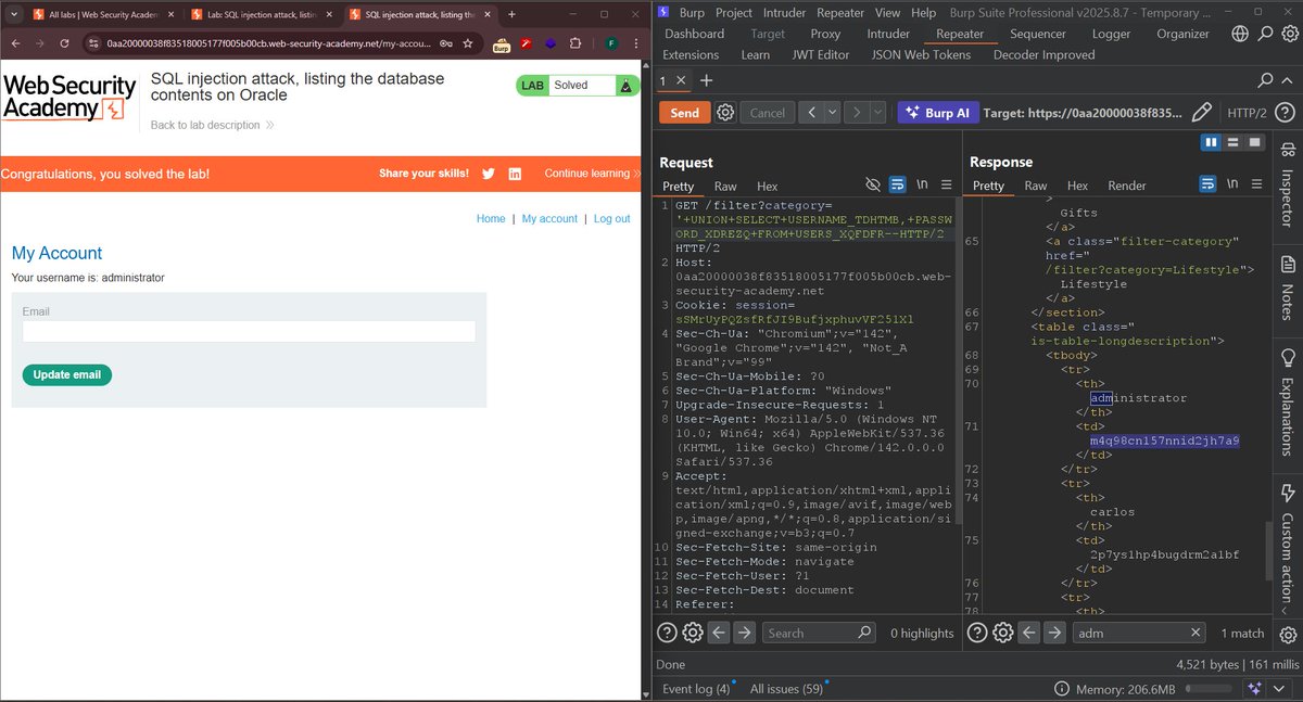Cyber_matri_x's tweet image. Just cracked another SQL injection lab! 🔓💻
✅ UNION-based attack ✅ Oracle database enumeration
✅ Full database contents listed
Practice makes perfect in #CyberSecurity!
#SQLInjection #EthicalHacking #InfoSec #BugBounty #WebSecurity #AppSec #Hacking #PenTesting