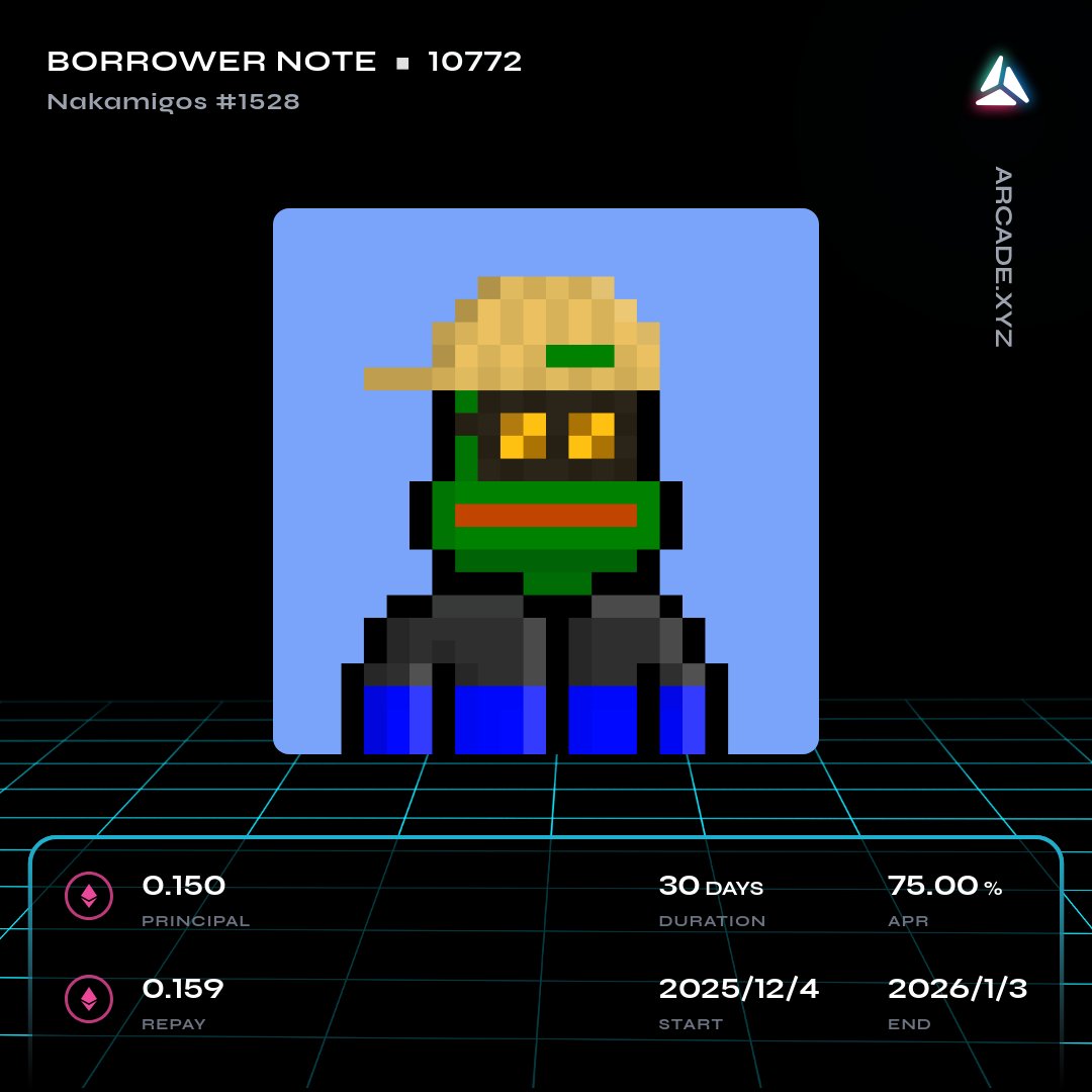 ArcadeAlert's tweet image. 🚨 Arcade.xyz NFT Loan Alert 🚨

New Loan Started on Nakamigos #1528

@Arcade_xyz - app.arcade.xyz/terms/loan/0x8…