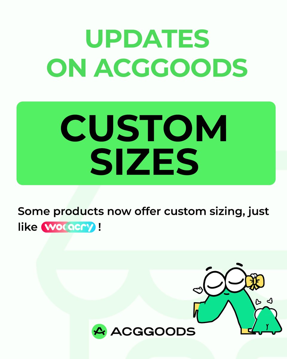 NOTICE:
Sellers, customized Size for those products is available on ACGgoods:

Custom Clear Acrylic Keychains 
Custom Colored Edge Acrylic Keychains 
Custom Glitter Acrylic Keychains 
Custom Full Bleed Acrylic Keychains 
Custom Rainbow Acrylic Keychains 
Custom Ripple Acrylic
