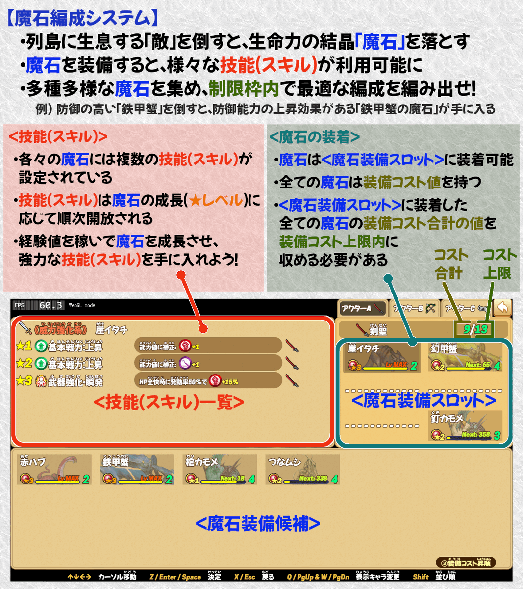 rpgmakervm's tweet image. #12月になったのでフォロワーさんに自己紹介しようぜ 
#ゲーム制作 
&quot;バトル特化型ノンフィールドRPG&quot;【神獣列島】 
島の各地域で戦える&quot;敵&quot;を倒すと、その生命は結晶化し&quot;魔石&quot;という装備品になります。
衣装（職業）ごとに複数の魔石を組合せてビルド編成し、バトル中に切り替えて戦いましょう🥰