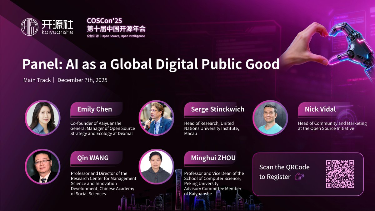 OpenSourceOrg's tweet image. The OSI is looking forward to contributing to the panel &quot;AI as Global Public Digital Good&quot; at the 10th edition of COSCon to be held in Beijing: bagevent.com/event/8199016