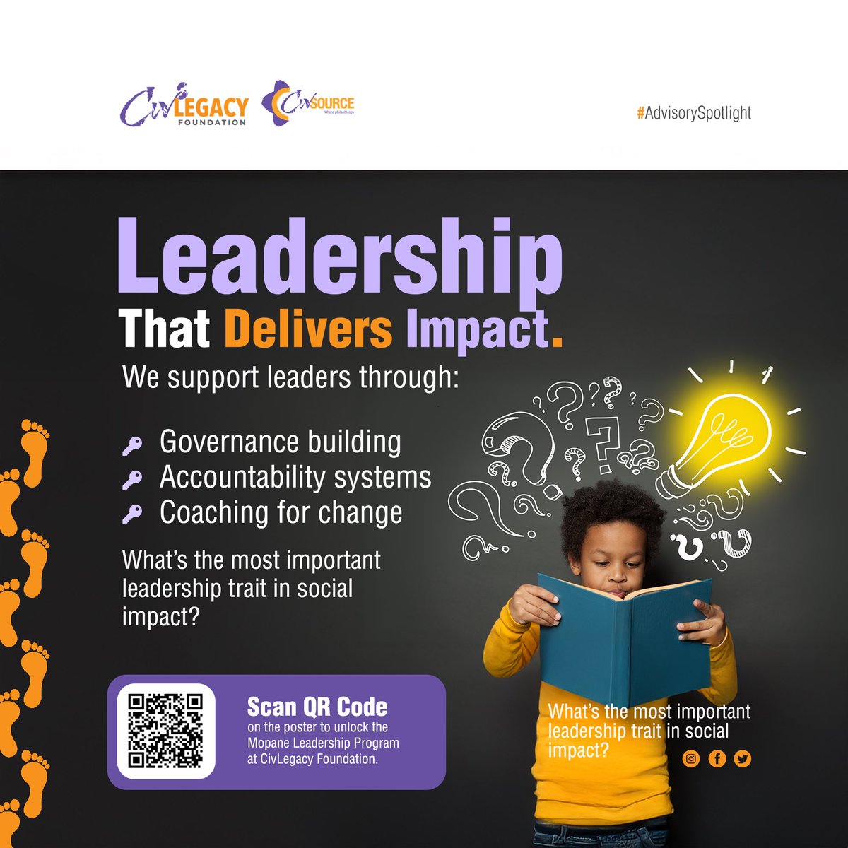 CivLegacy_F's tweet photo. ✍🏾Leadership That Delivers Impact
#AdvisorySpotlight
We support leaders through:
📌Governance building
📌Accountability systems
📌Coaching for change
💭 What’s the most important leadership trait in social impact?⁉️
ℹ️🔗: https://t.co/ql0r5kpsqc
#FutureOfGiving https://t.co/Jf6wUZ2DU0