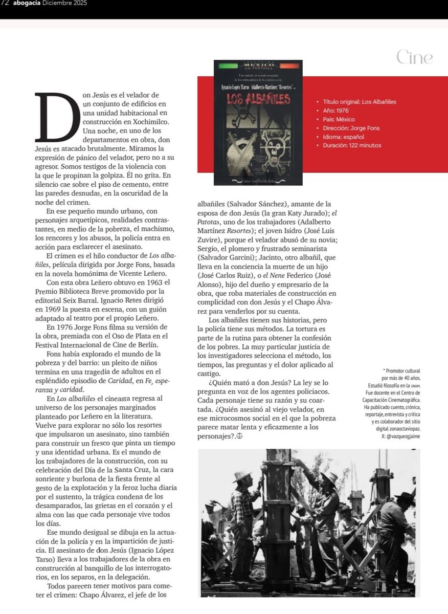 "Los albañiles" de Jorge Fons. Memoria de Vicente Leñero en su aniversario luctuoso. Una nota en la <a href="/revistaabogacia/">Revista abogacía</a>