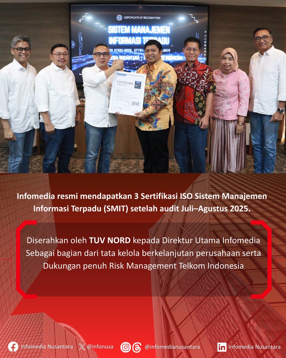 infonusa's tweet image. 🌟 Infomedia resmi meraih 3 Sertifikasi ISO: 27001, 27701, dan 22301.

🤝Langkah nyata memperkuat keamanan informasi, privasi data, dan ketahanan layanan.

#Infomedia #ISO #DigitalExcellence