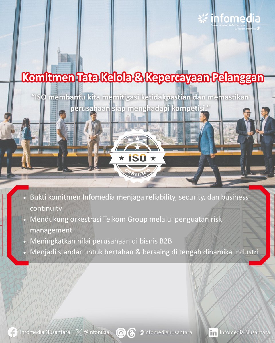 infonusa's tweet image. 🌟 Infomedia resmi meraih 3 Sertifikasi ISO: 27001, 27701, dan 22301.

🤝Langkah nyata memperkuat keamanan informasi, privasi data, dan ketahanan layanan.

#Infomedia #ISO #DigitalExcellence