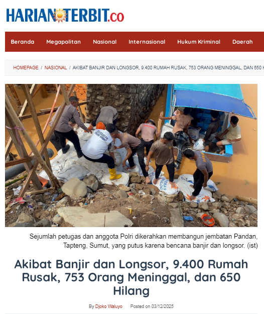 RamlyAminS's tweet photo. Data sementara per 3/12-25: 9400 rumah rusak, 753 meninggal, 650 orang masih dinyatakan hilang. https://t.co/fXWj9DMjTI