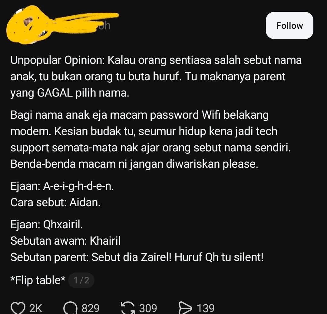 Take note parent. 📝 Jangan letak nama bukan-bukan dekat anak.