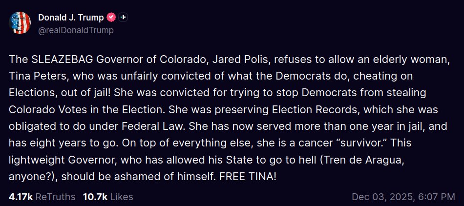 President Trump is listening to us! LOL, sleazebag Polis for sure. Truth Social today at 6:07 EST. Let's PRAY right now! WWG1WGA! Team Trump and Team Tina! #FreeTinaPeters I can feel it in the air tonight! Oh Lord!
<a href="/AGPamBondi/">Attorney General Pamela Bondi</a> <a href="/realDonaldTrump/">Donald J. Trump</a>  Let's GOOOOO!