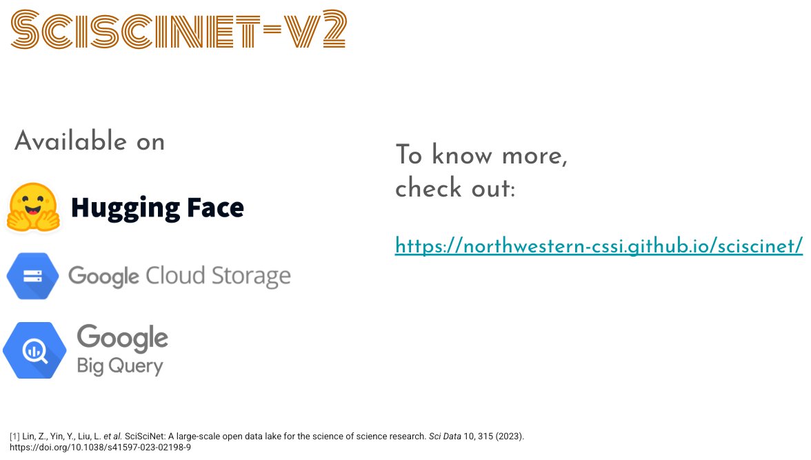 dashunwang's tweet photo. SciSciNet-v2 is available to download and access from Hugging Face, Google Cloud storage, or Google Big Query. Learn more about how to access and use Sciscinet-v2 here: https://t.co/CmCBU4LiqH
#ScienceOfScience #ResearchData #Sciscinet https://t.co/BKC51g03TG