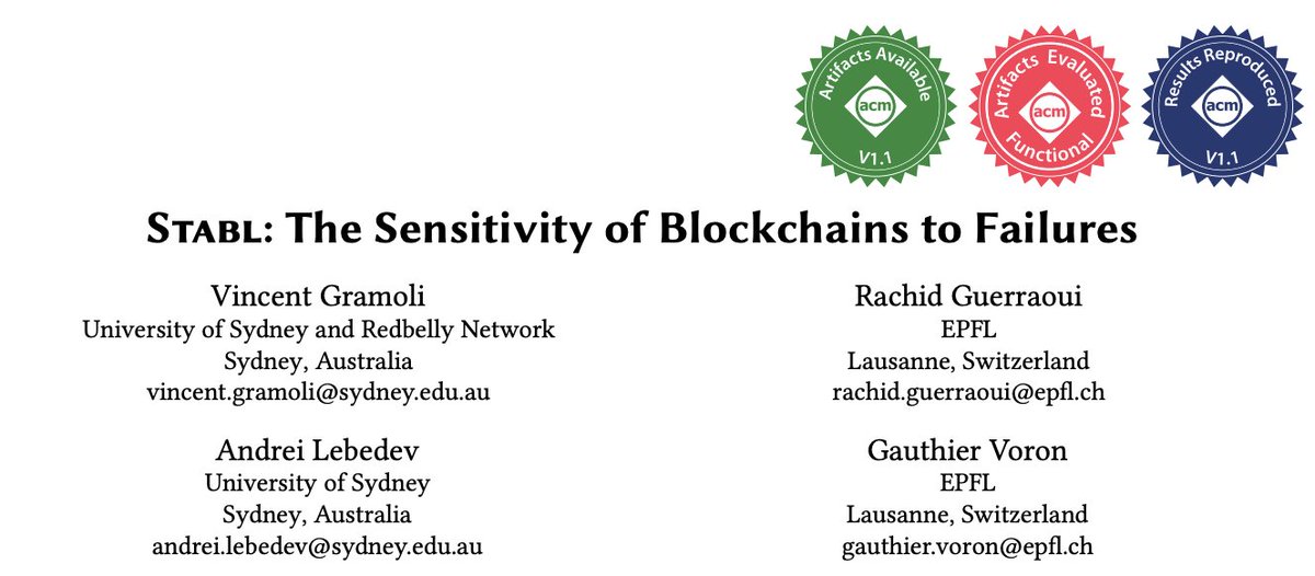 Too many blockchains fail without a clear reason. Our #STABL framework provides the tools for rigorous, empirical evaluation of fault tolerance.

Let's advance the science of blockchain by offering reproducible results. After the tutorial presented at <a href="/DsnIeee/">IEEE/IFIP DSN Conference 2026</a>, join us for the