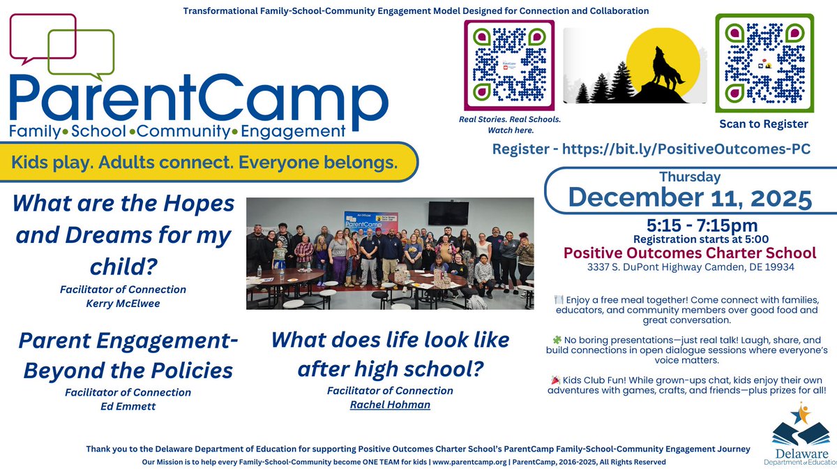 ParentCamp's tweet image. We’re excited to partner with Positive Outcomes Charter School for ParentCamp! Three powerful rooms + free dinner + community. Sign up here: bit.ly/PositiveOutcom…
Details:  parentcamp.org/2025-12-11-pcos 
#ParentCamp #DEDelivers #PCOS