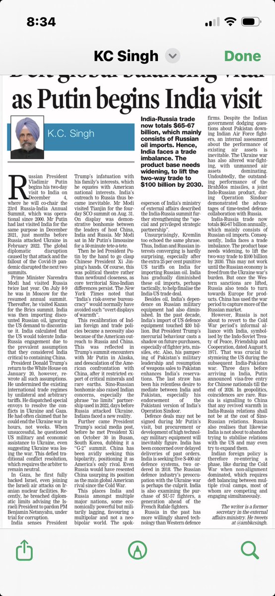 ambkcsingh's tweet image. My take on India-Russia summit, beginning today as President Putin arrives in Delhi on a 2-day visit. In a Trump-disrupted world, with China emerging as the main US rival, powers like &amp;amp; Russia begin re-calibrating ties. ⁦@asianagegroup⁩ ⁦@DeccanChronicle⁩